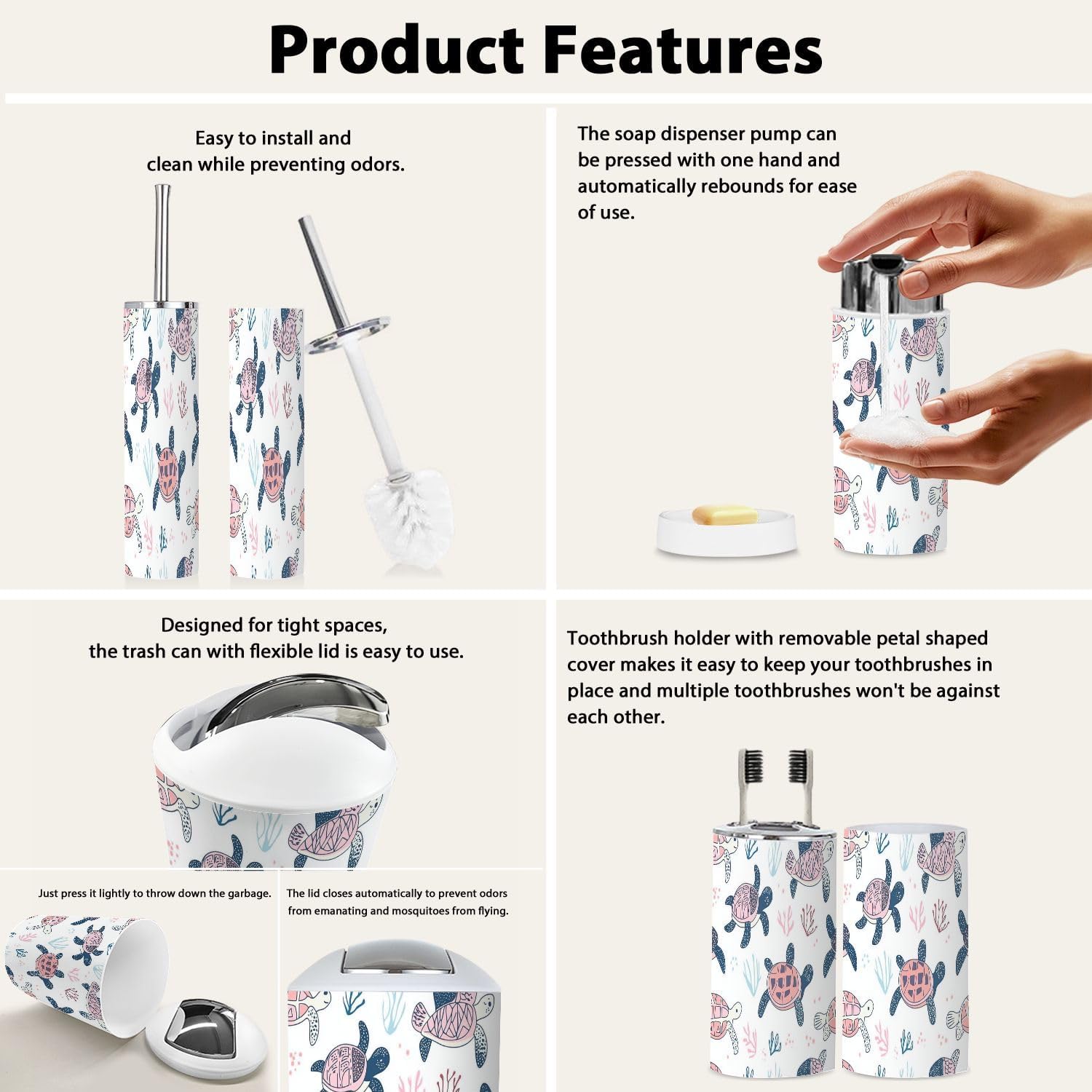 Bathroom Accessory Set 6 Piece Boho Seamless Pattern for Kids