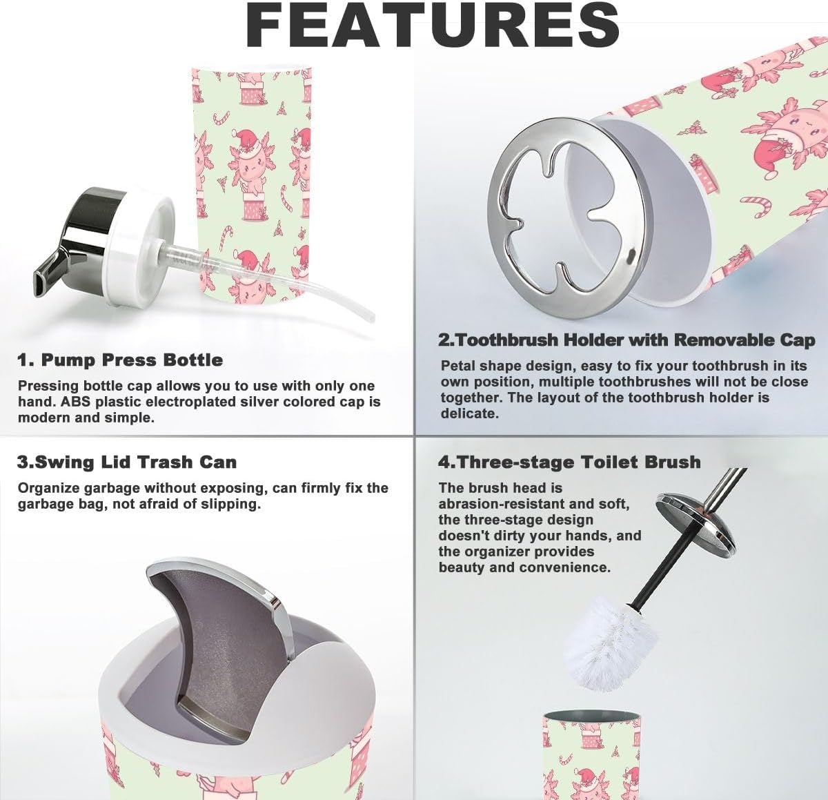 6 Piece Bathroom Accessory Set with Christmas Axolotl Design