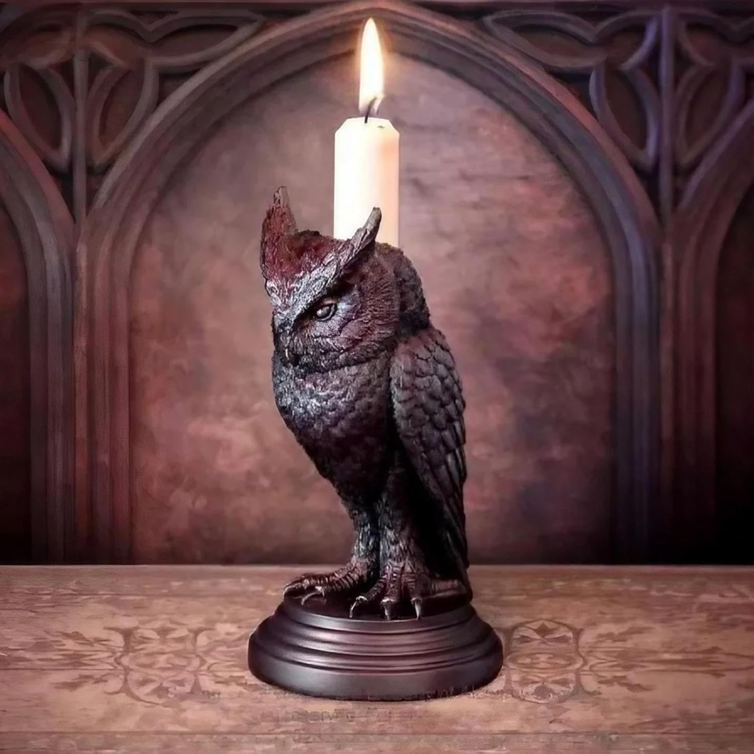 Gothic Owl Candle Stick Holders - Black Resin Decor compliments