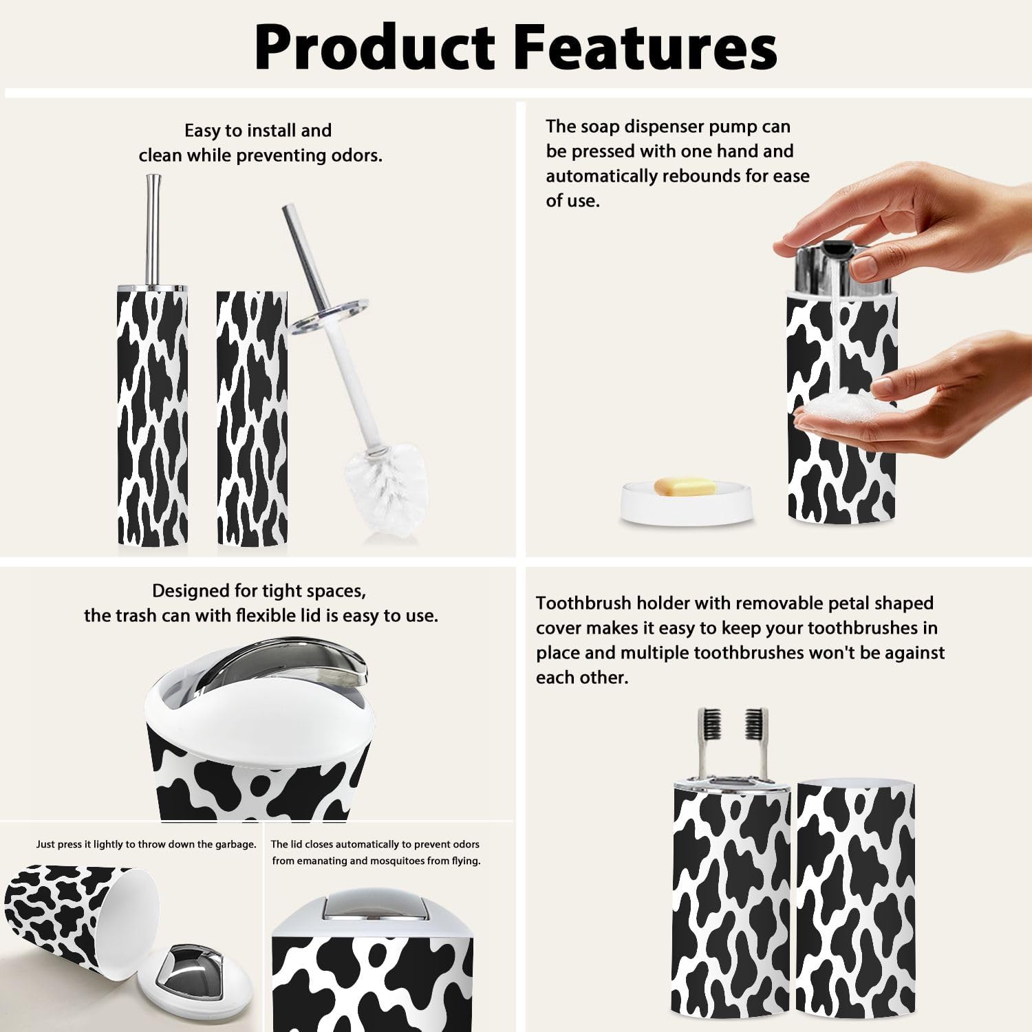Stylish Black White Milk Cow Skin Bathroom Accessory Set