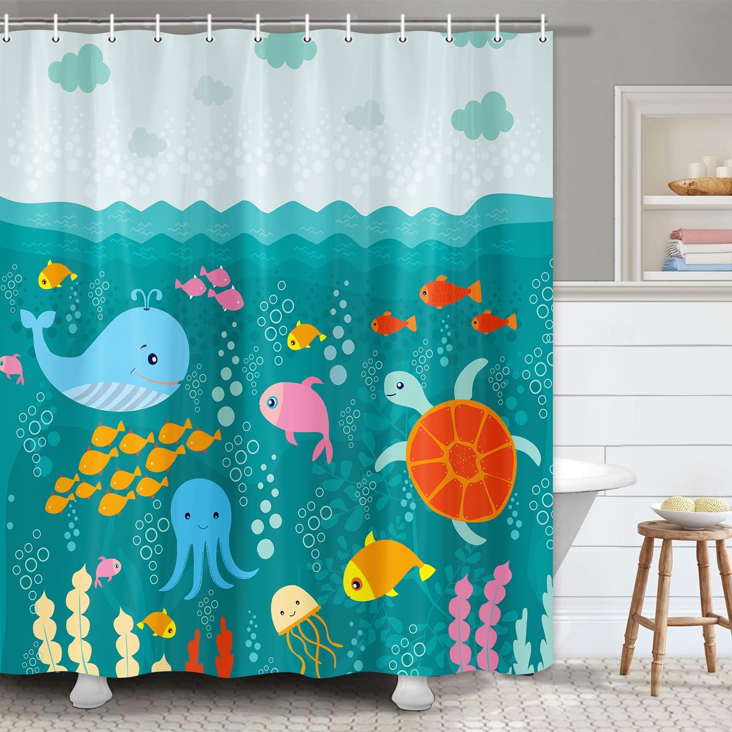 JAWO Kids bathing curtain - fun ocean theme with whale and turtle