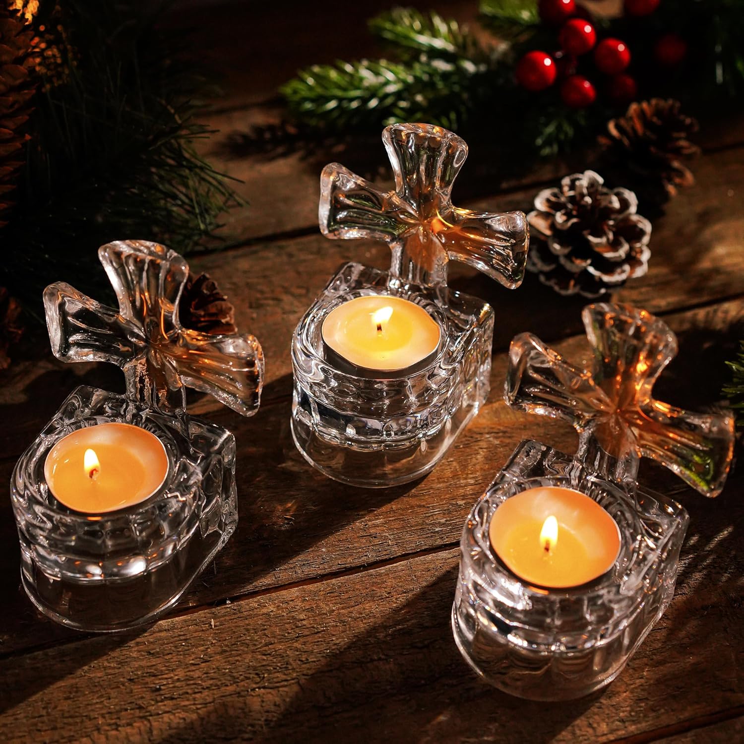 HD HYALINE DORA Set of 3 Clear Glass Cross Candle Holder 4 High