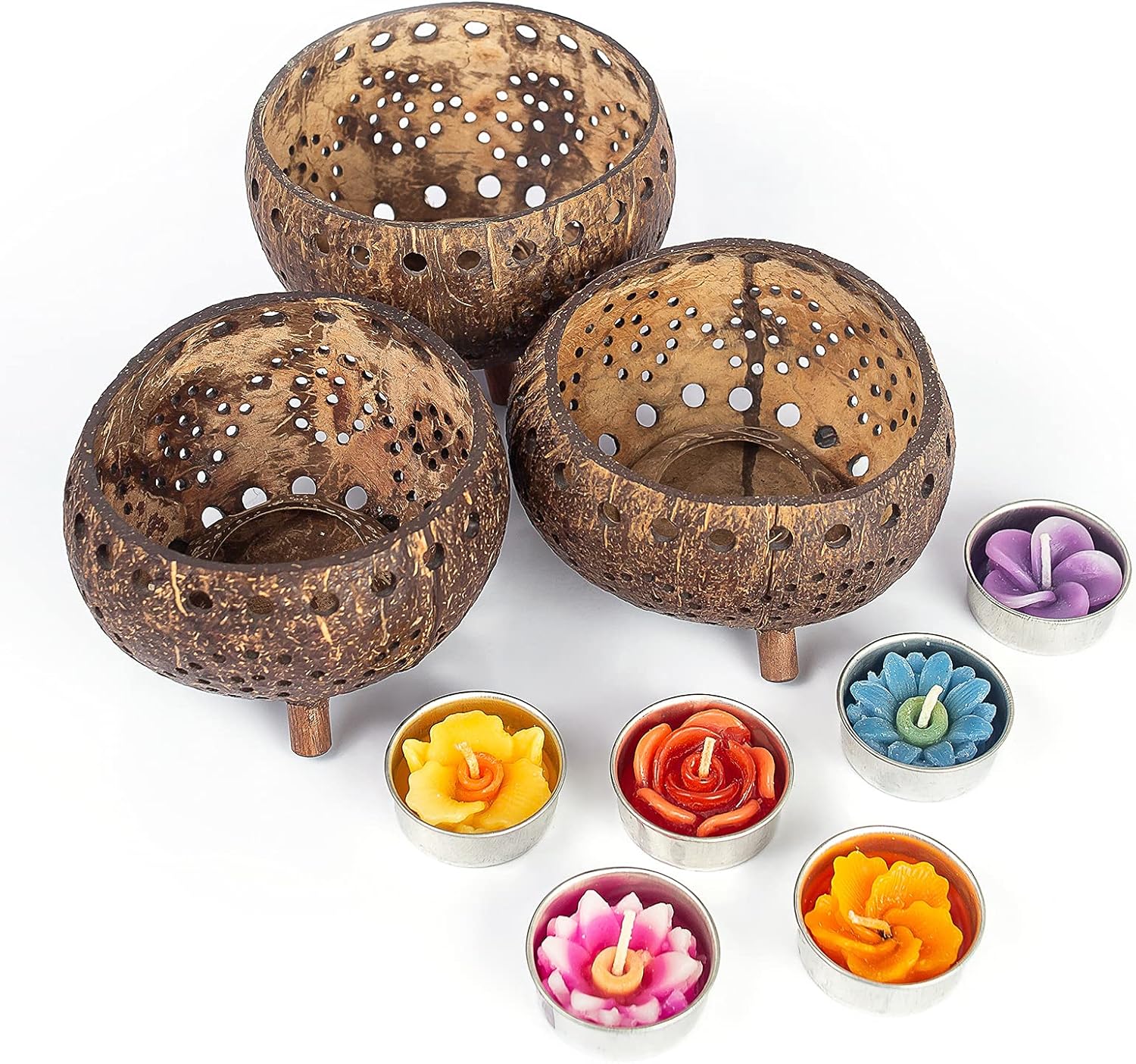 Set of 3 Coconut Shell Candle Holders with Tealight Candles
