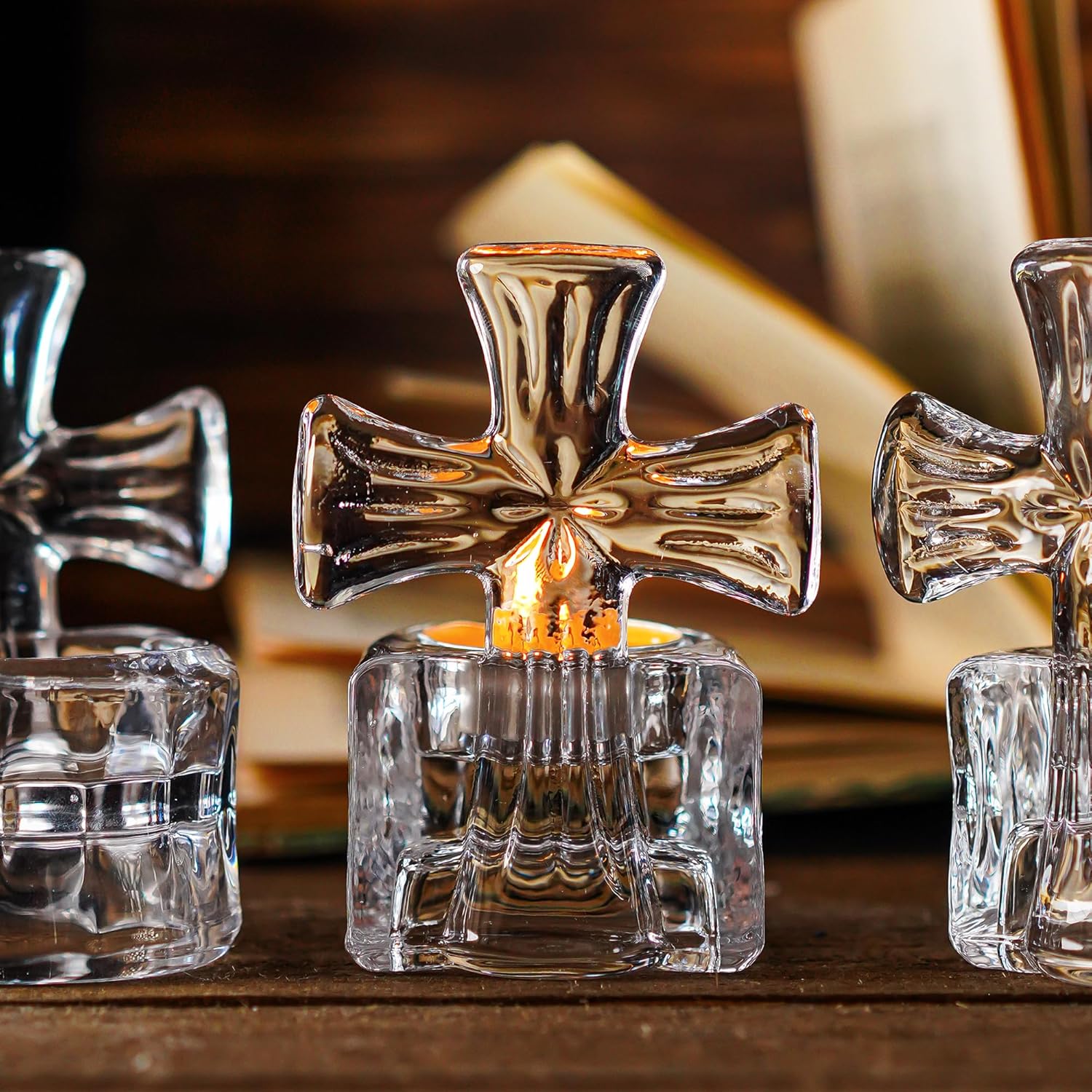HD HYALINE DORA Set of 3 Clear Glass Cross Candle Holder 4 High