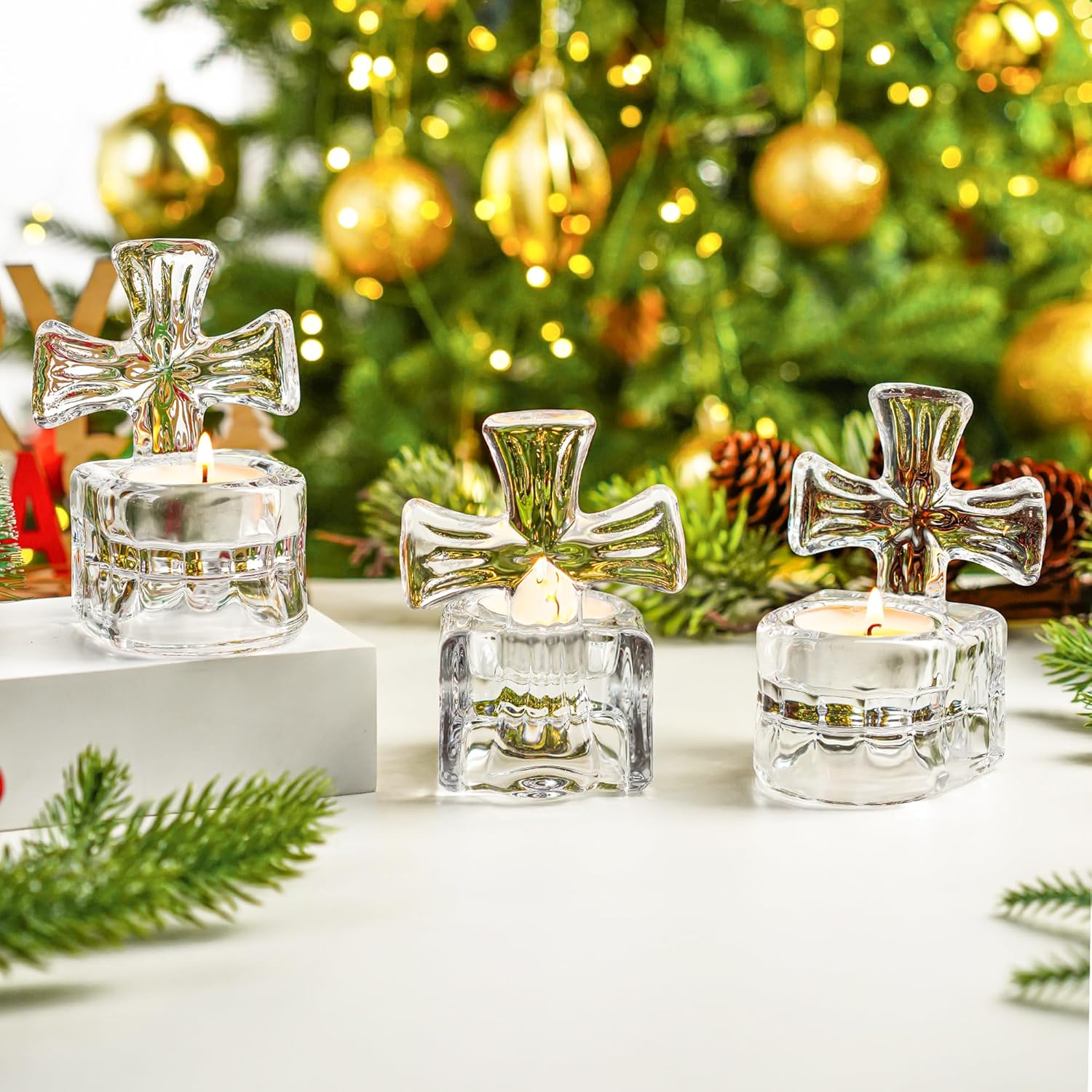 HD HYALINE DORA Set of 3 Clear Glass Cross Candle Holder 4 High