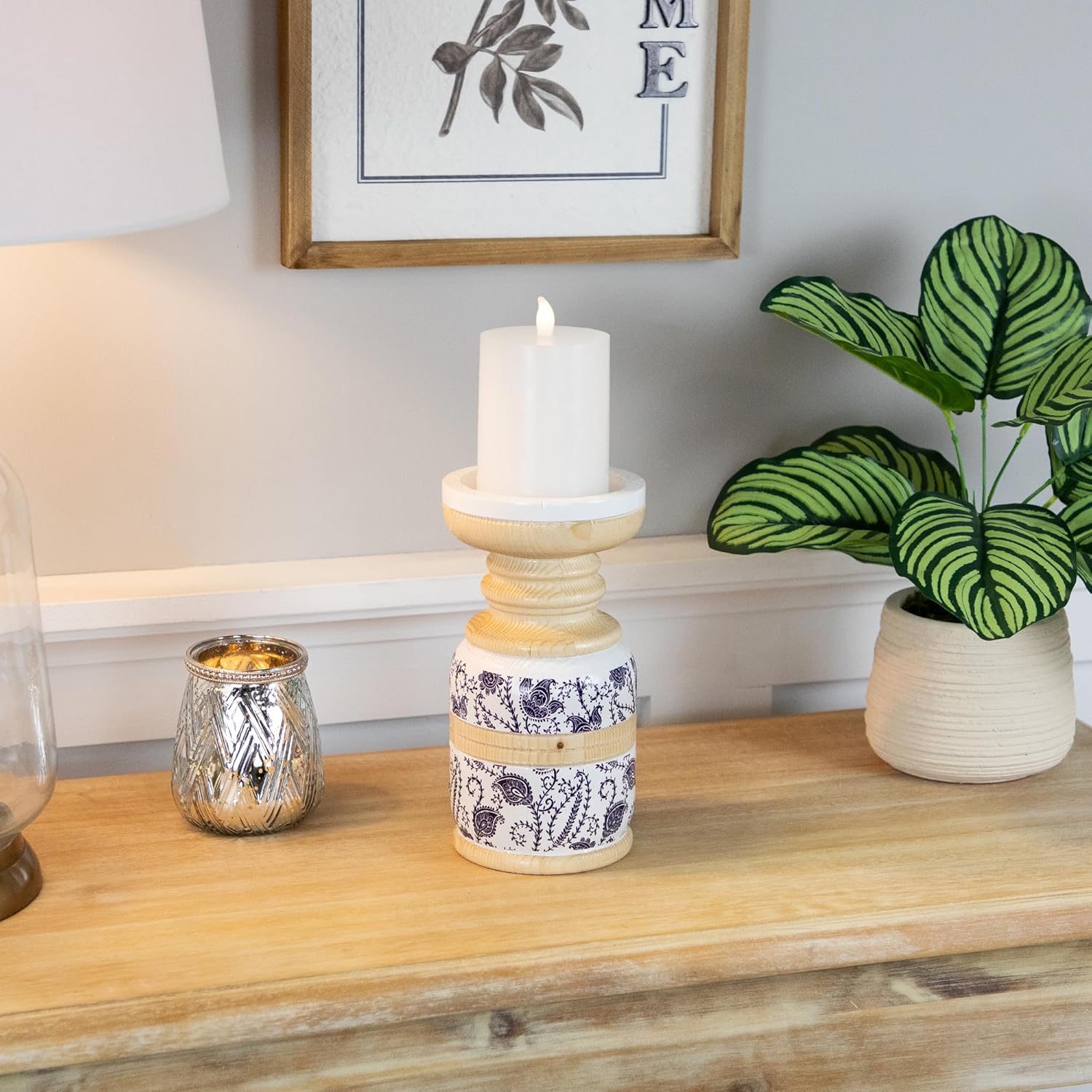 Large White and Blue Paisley Candle Holder