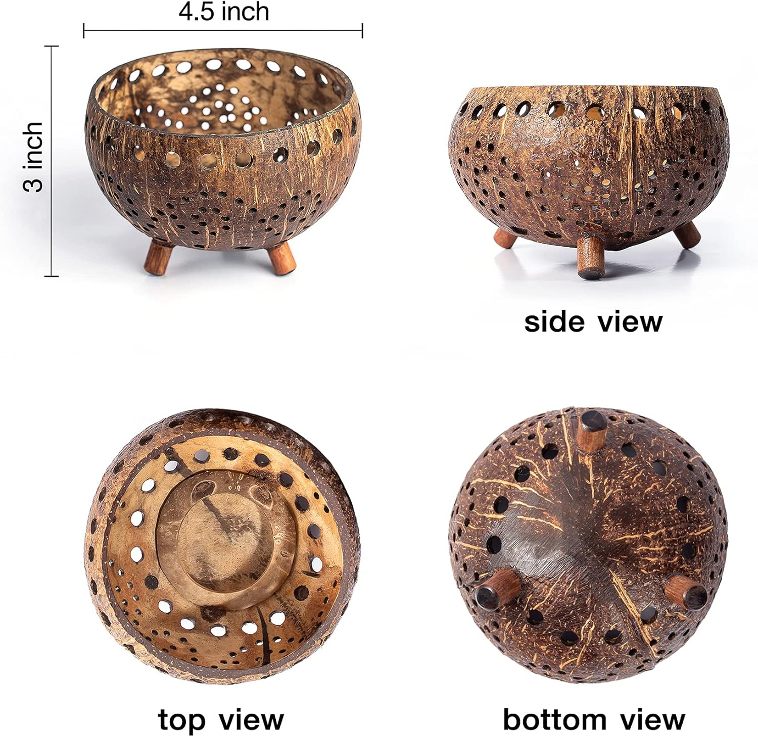Set of 3 Coconut Shell Candle Holders with Tealight Candles