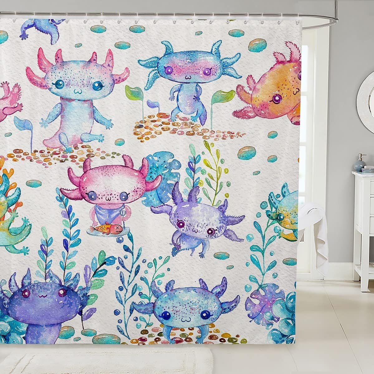 Fun Cartoon Axolotl Shower Curtain for Kids waterproof super soft