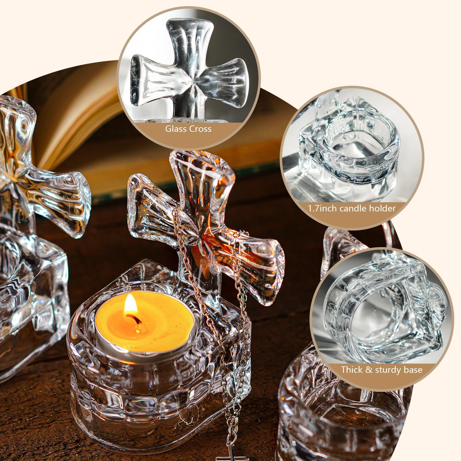 HD HYALINE DORA Set of 3 Clear Glass Cross Candle Holder 4 High