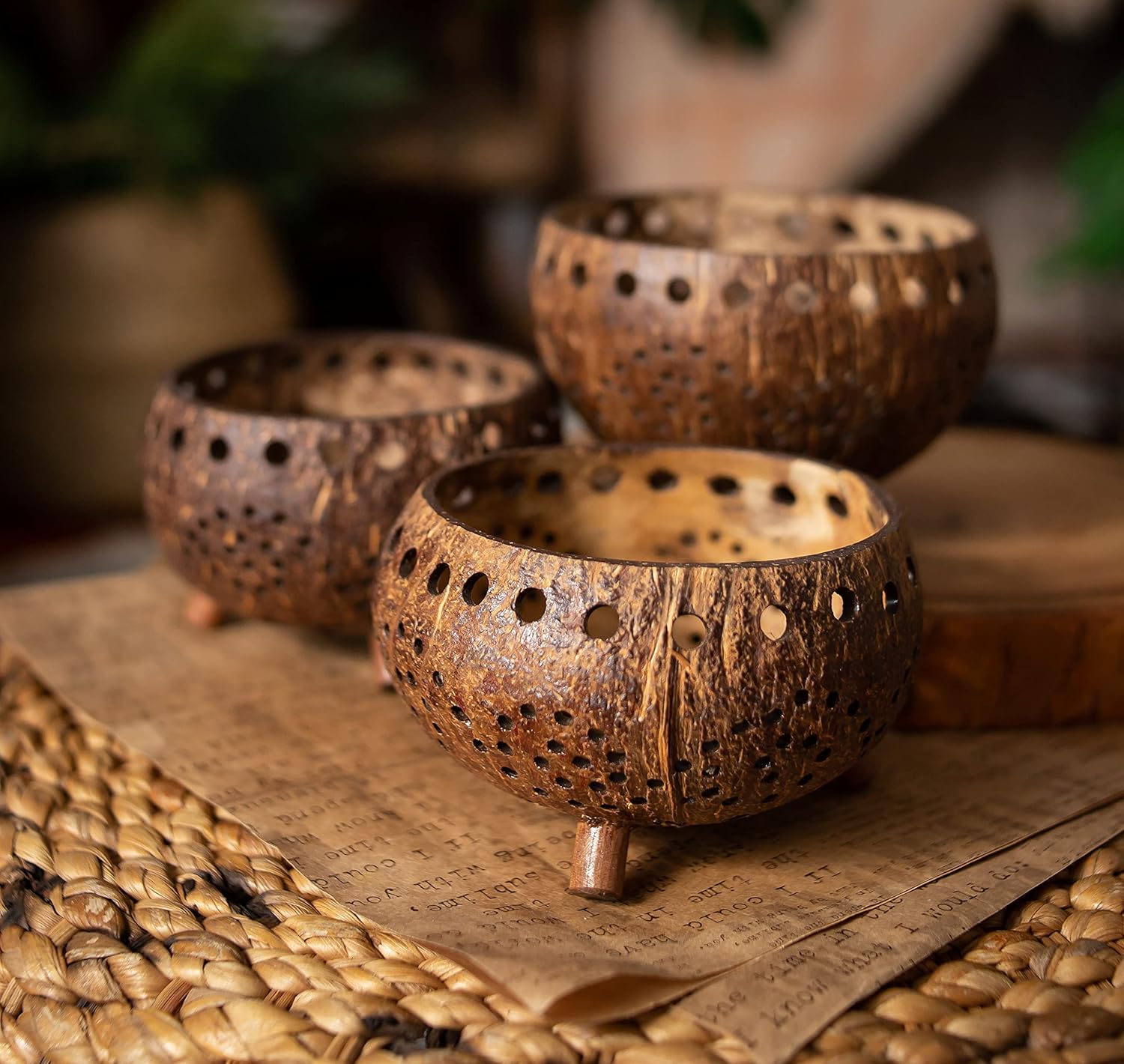 Set of 3 Coconut Shell Candle Holders with Tealight Candles