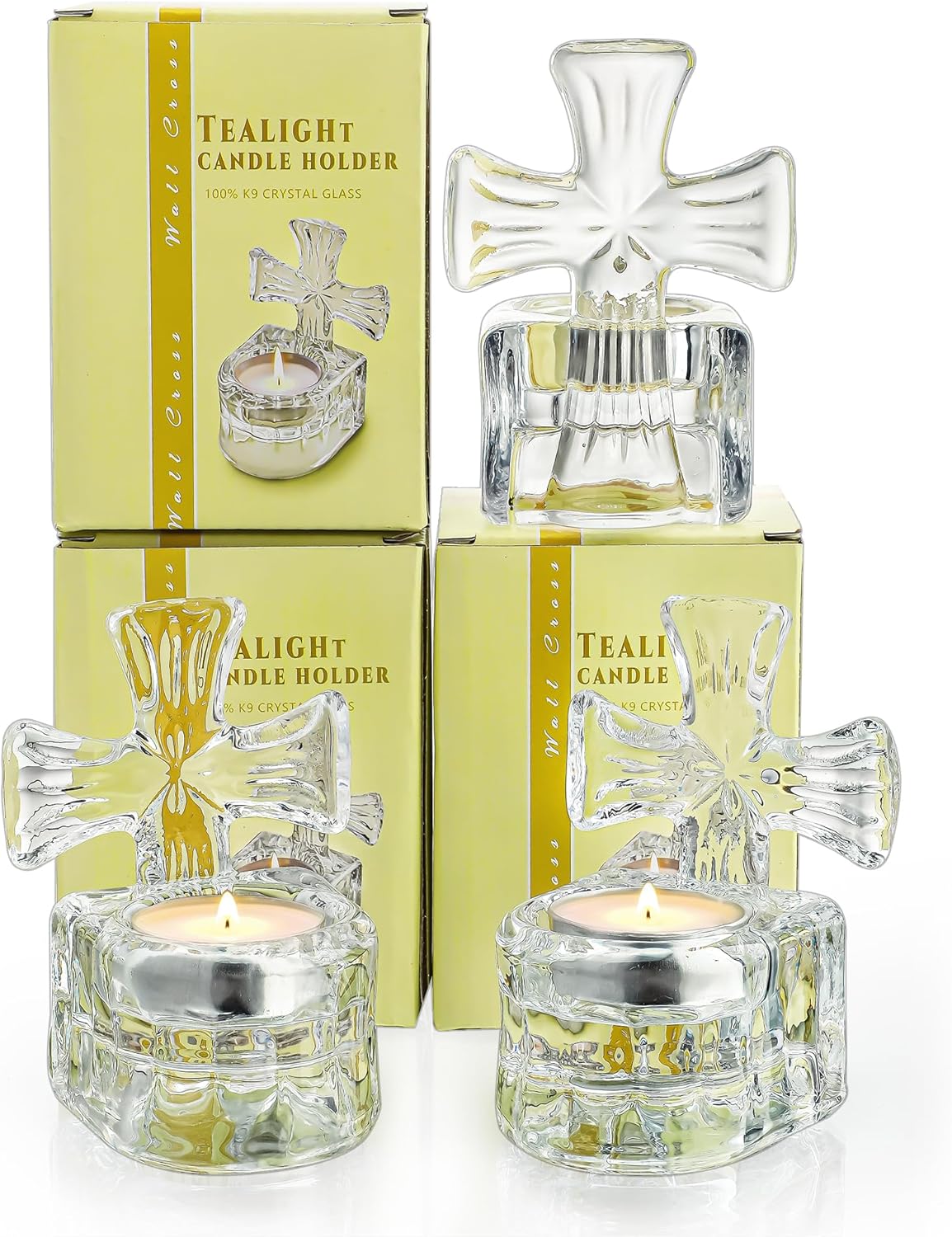 HD HYALINE DORA Set of 3 Clear Glass Cross Candle Holder 4 High