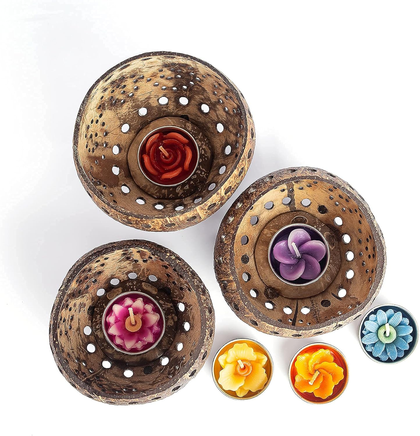 Set of 3 Coconut Shell Candle Holders with Tealight Candles